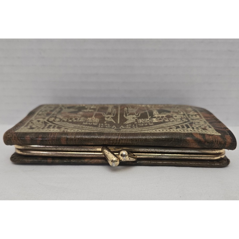 Vtg 70s Egyptian Camel Leather Trifold Wallet Purse Gold Embossed Pharaonic Art - Picture 7 of 13